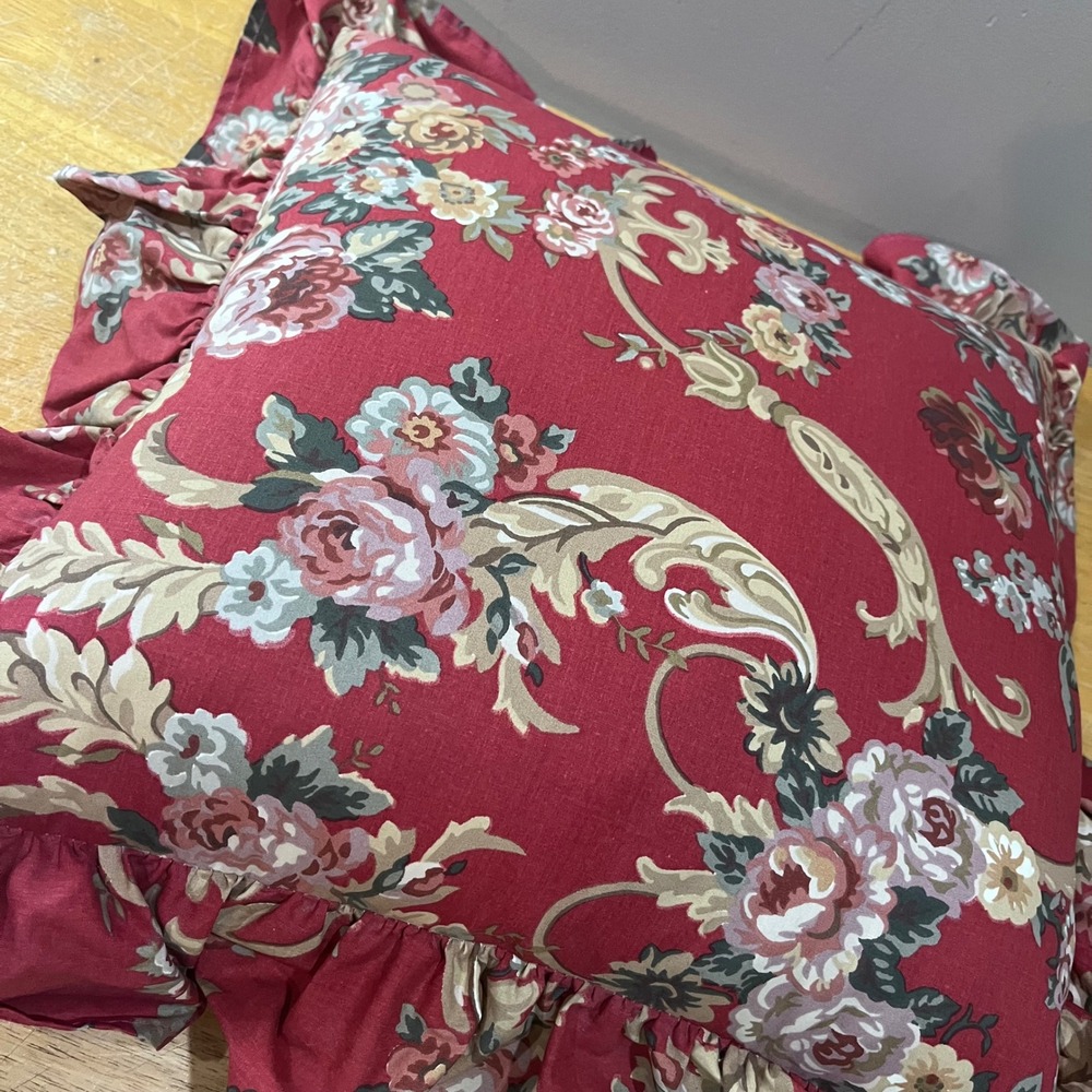 Vtg Ralph Lauren Danielle Marseille Burgundy Floral Ruffled Throw Pillow 20x20 - Picture 8 of 8